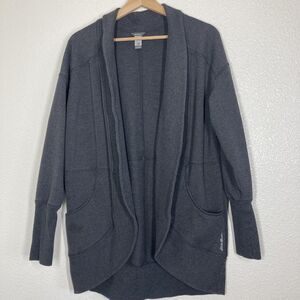 Eddie Bauer Sweater Womens Large Gray Open Front Cardigan Pockets Thumbholes